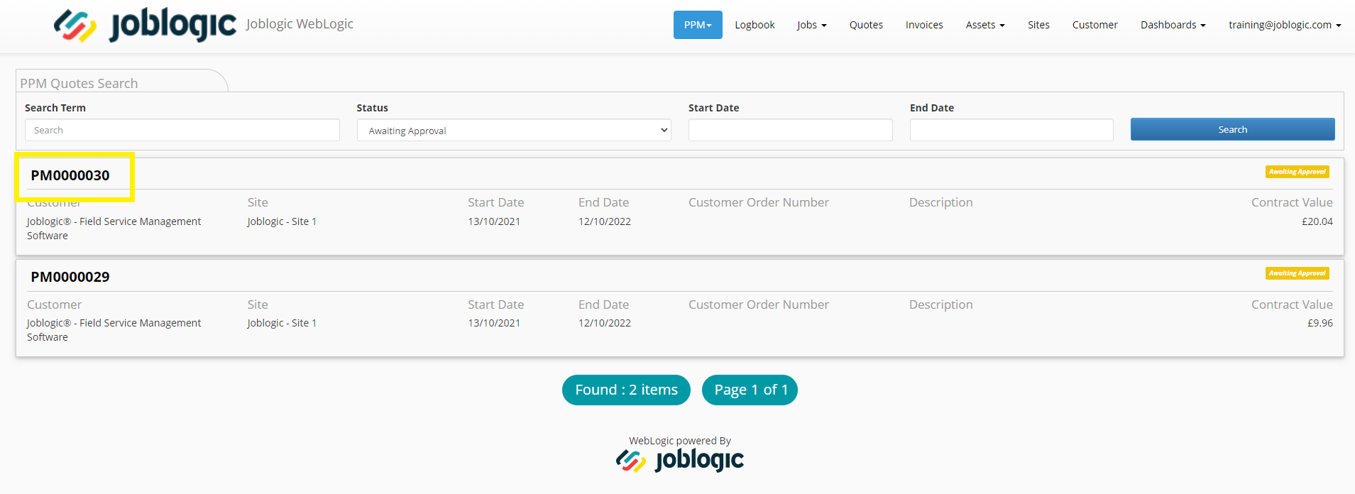 PPM Quotes - Customer Portal - User Guide | Support | Joblogic®